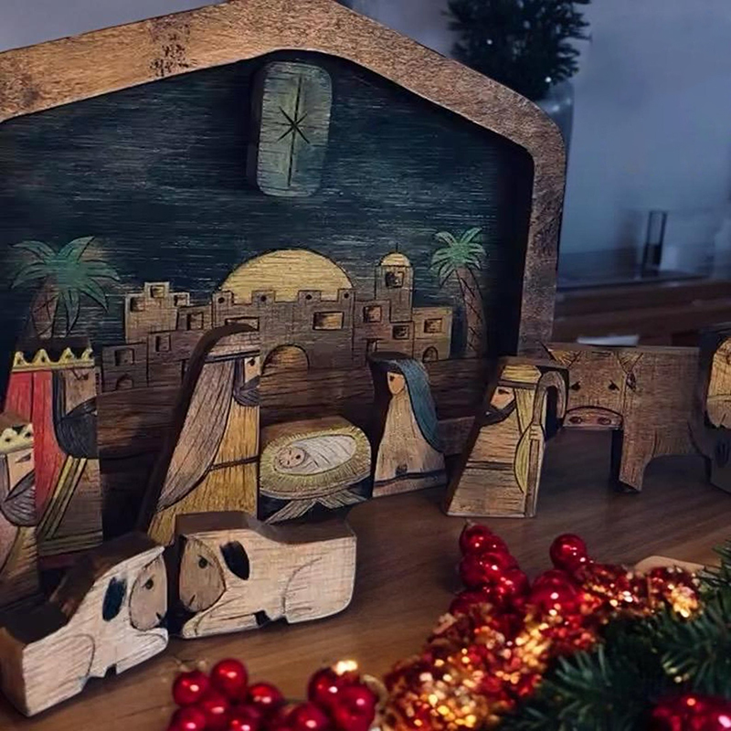 Handcrafted Wooden Nativity Scene Puzzle Set 
