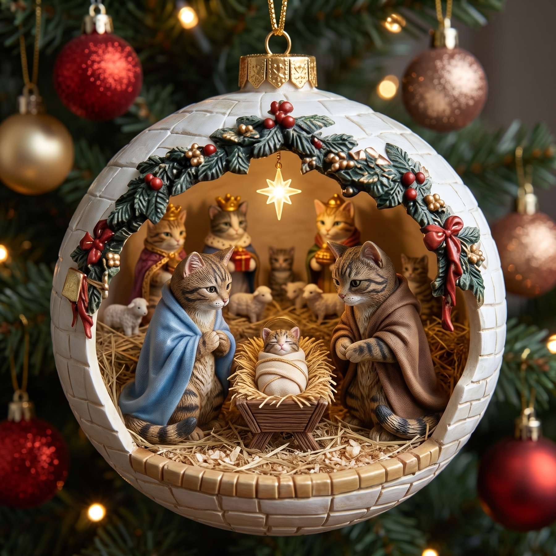 Cat Nativity Christmas Ornament 