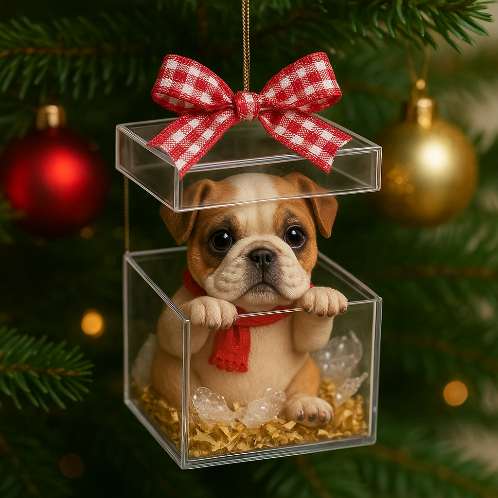 Christmas Puppy in a Gift Box Ornament