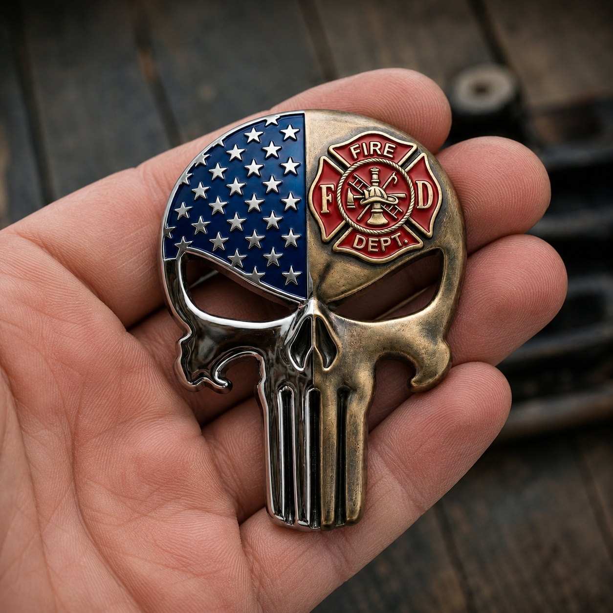 American Flag Fire Department Punisher Skull Tailgate Emblem