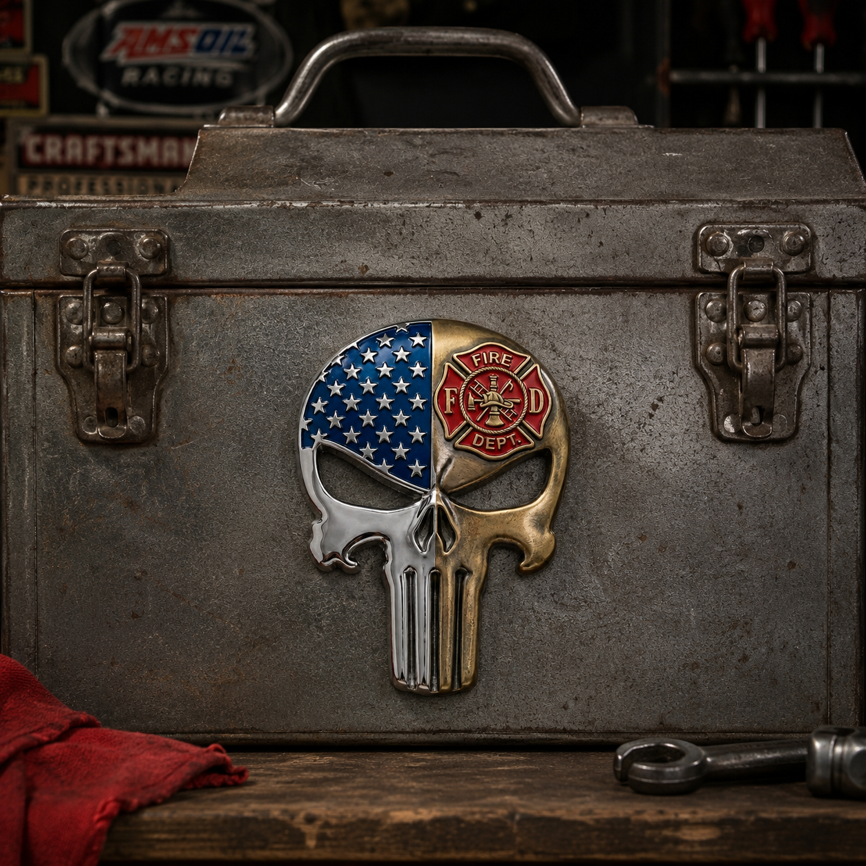 American Flag Fire Department Punisher Skull Tailgate Emblem