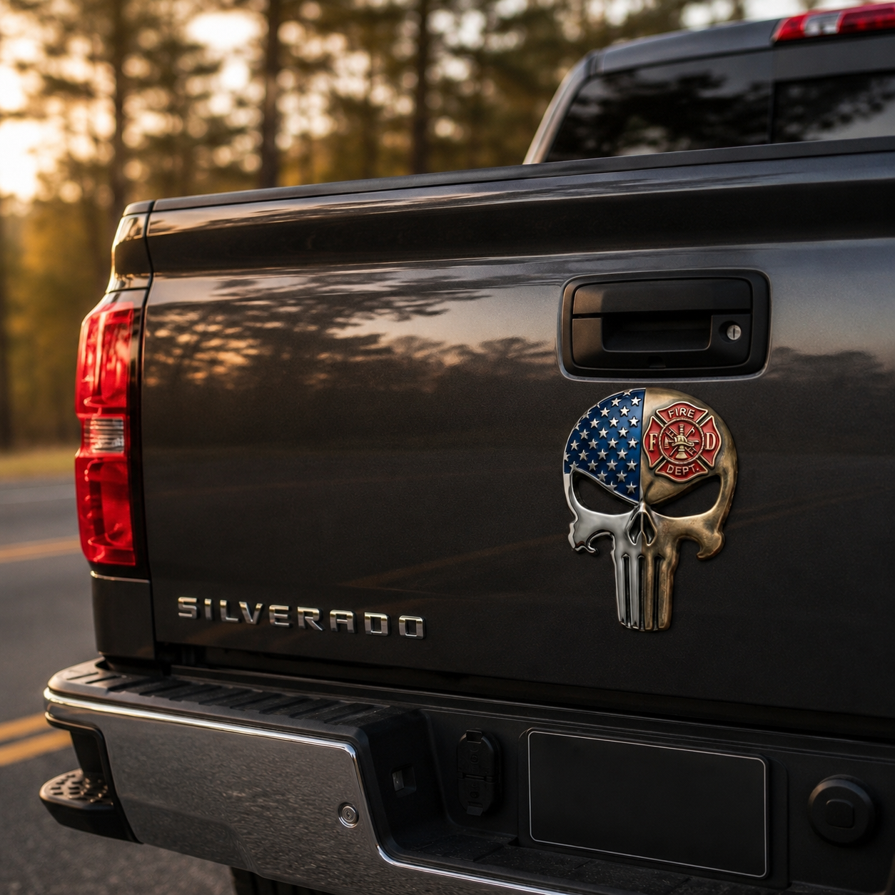 American Flag Fire Department Punisher Skull Tailgate Emblem