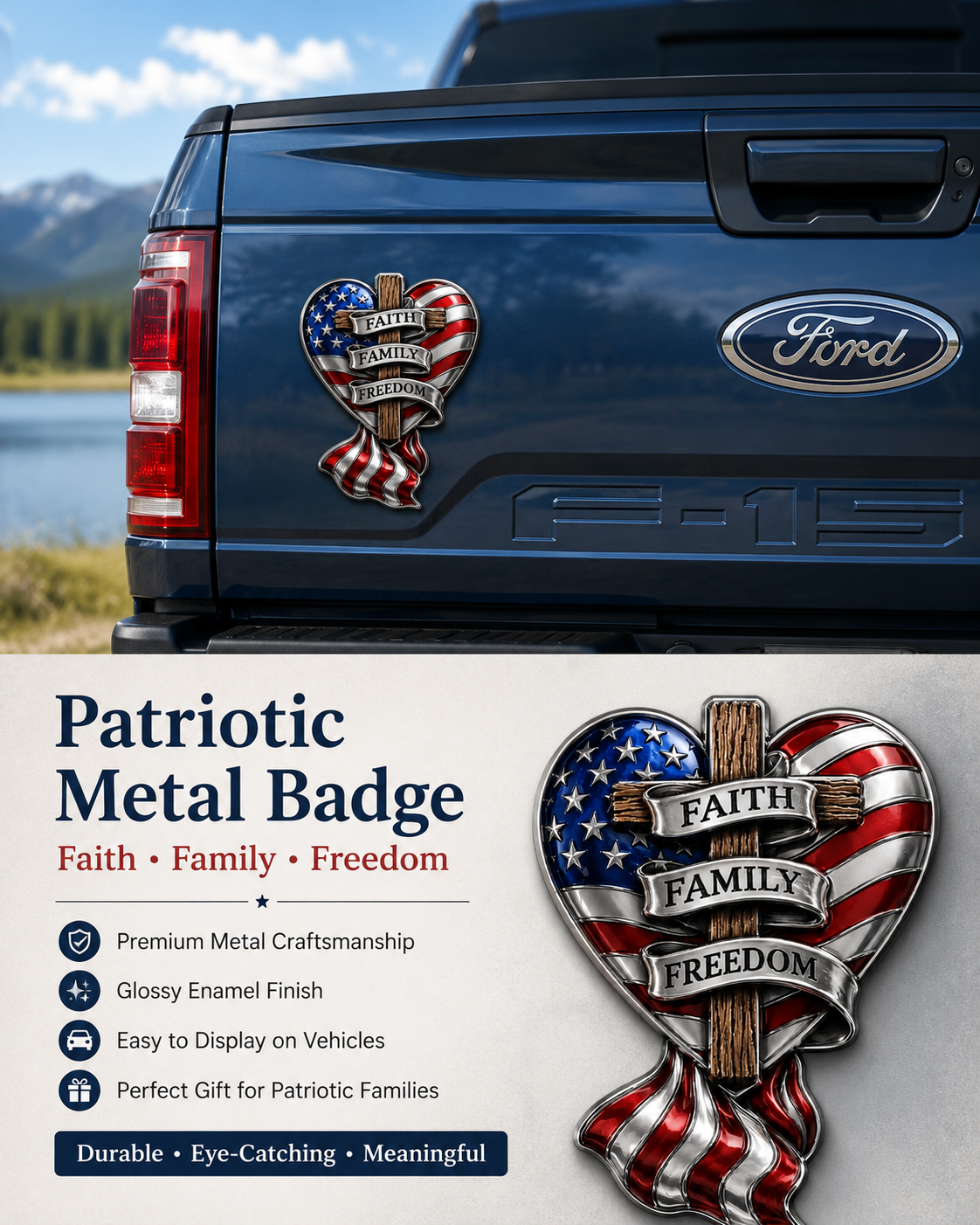 Faith Family Freedom Heart Cross Truck Tailgate Emblem 