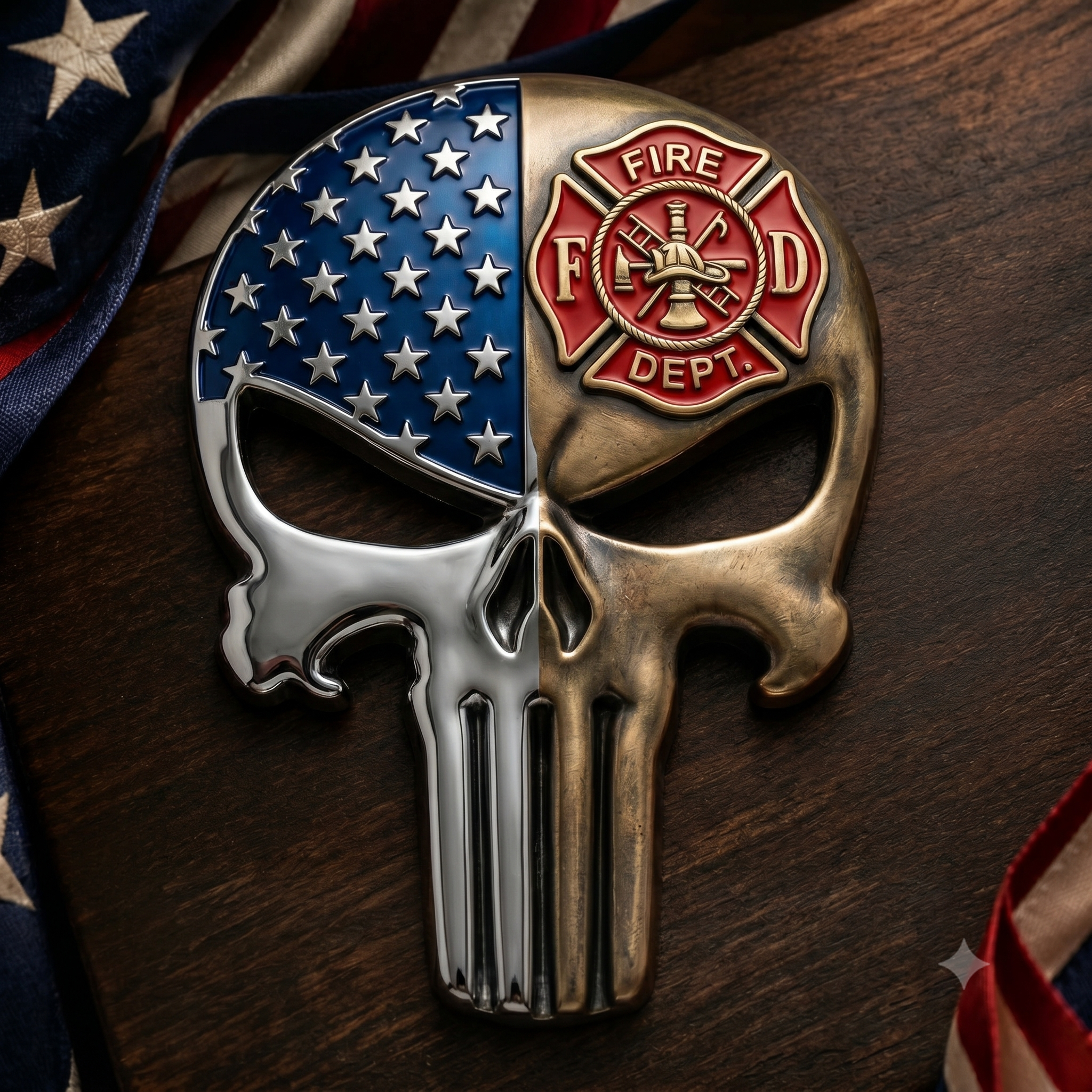 American Flag Fire Department Punisher Skull Tailgate Emblem