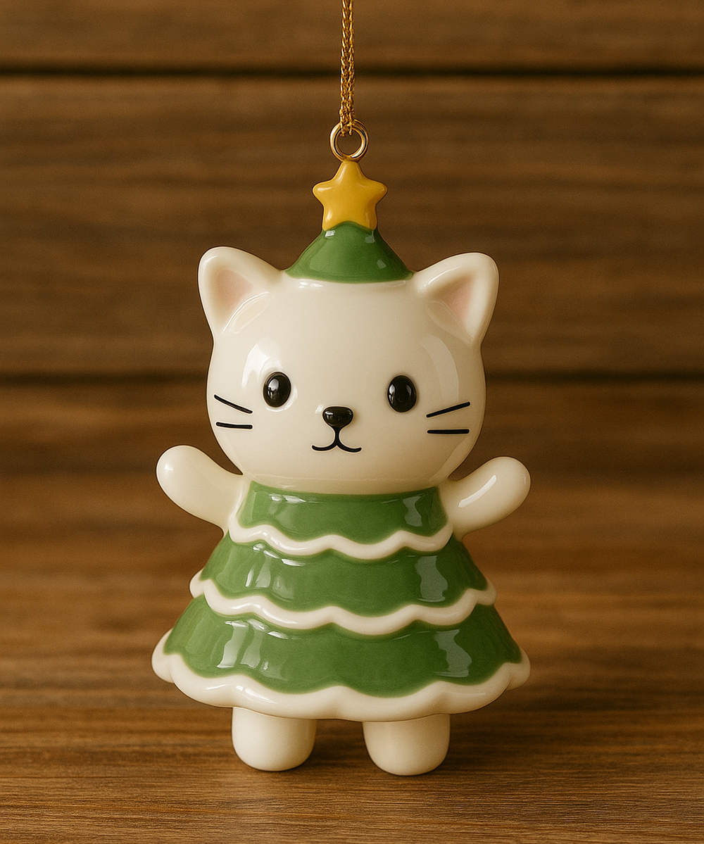 Handmade Christmas Tree Cat Ceramic Ornament 