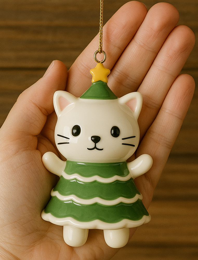 Handmade Christmas Tree Cat Ceramic Ornament 