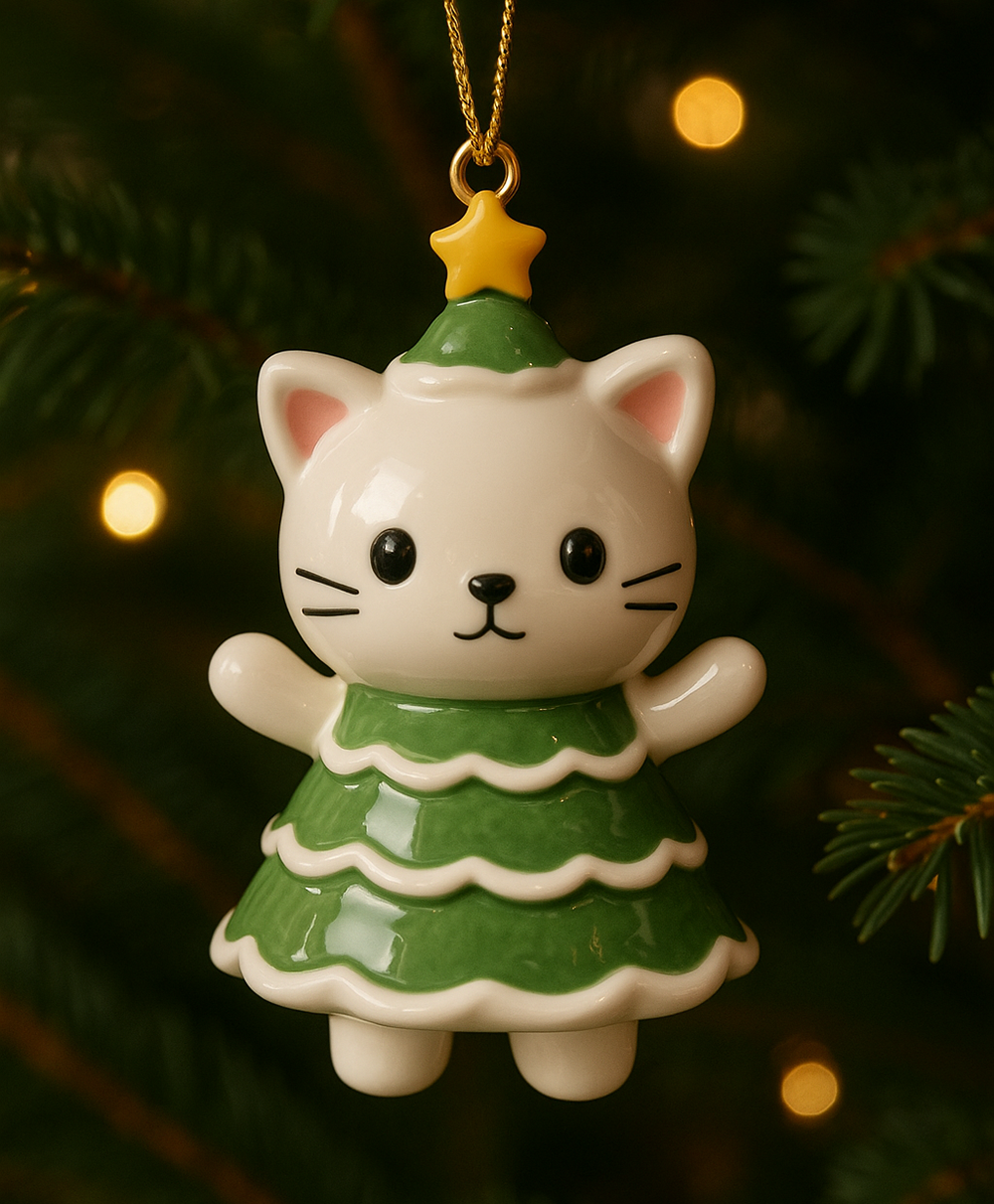 Handmade Christmas Tree Cat Ceramic Ornament 