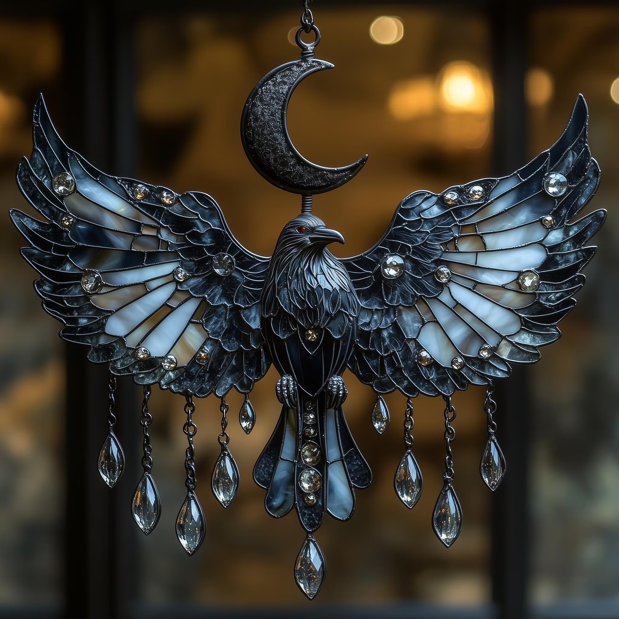 Crescent Moon Raven Acrylic Suncatcher