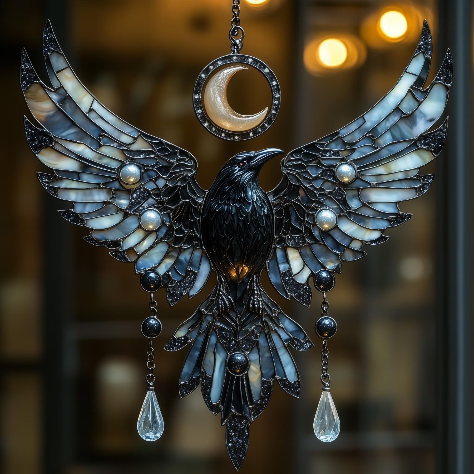 Crescent Moon Raven Acrylic Suncatcher