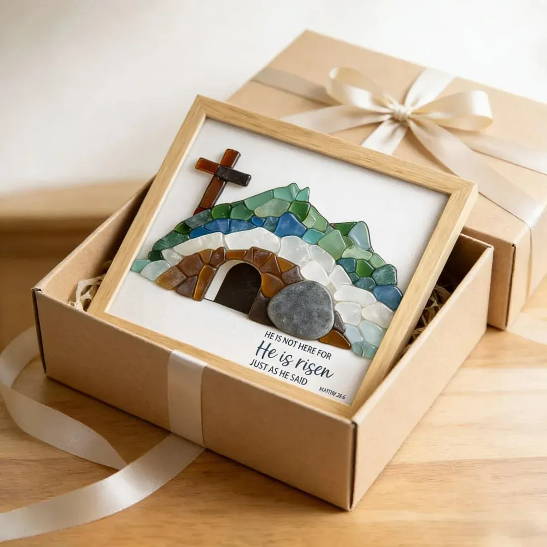 ✝️🌊Sea Glass Empty Tomb Resurrection Wall Art – He Is Risen!