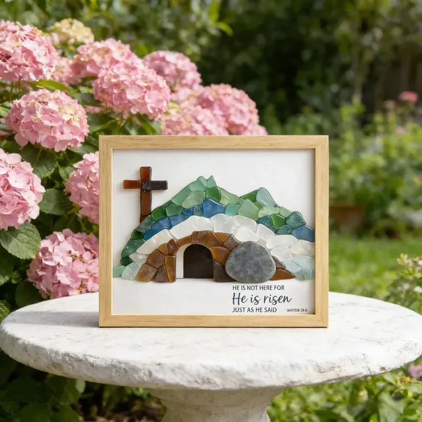 ✝️🌊Sea Glass Empty Tomb Resurrection Wall Art – He Is Risen!
