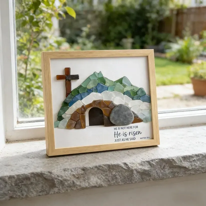 ✝️🌊Sea Glass Empty Tomb Resurrection Wall Art – He Is Risen!