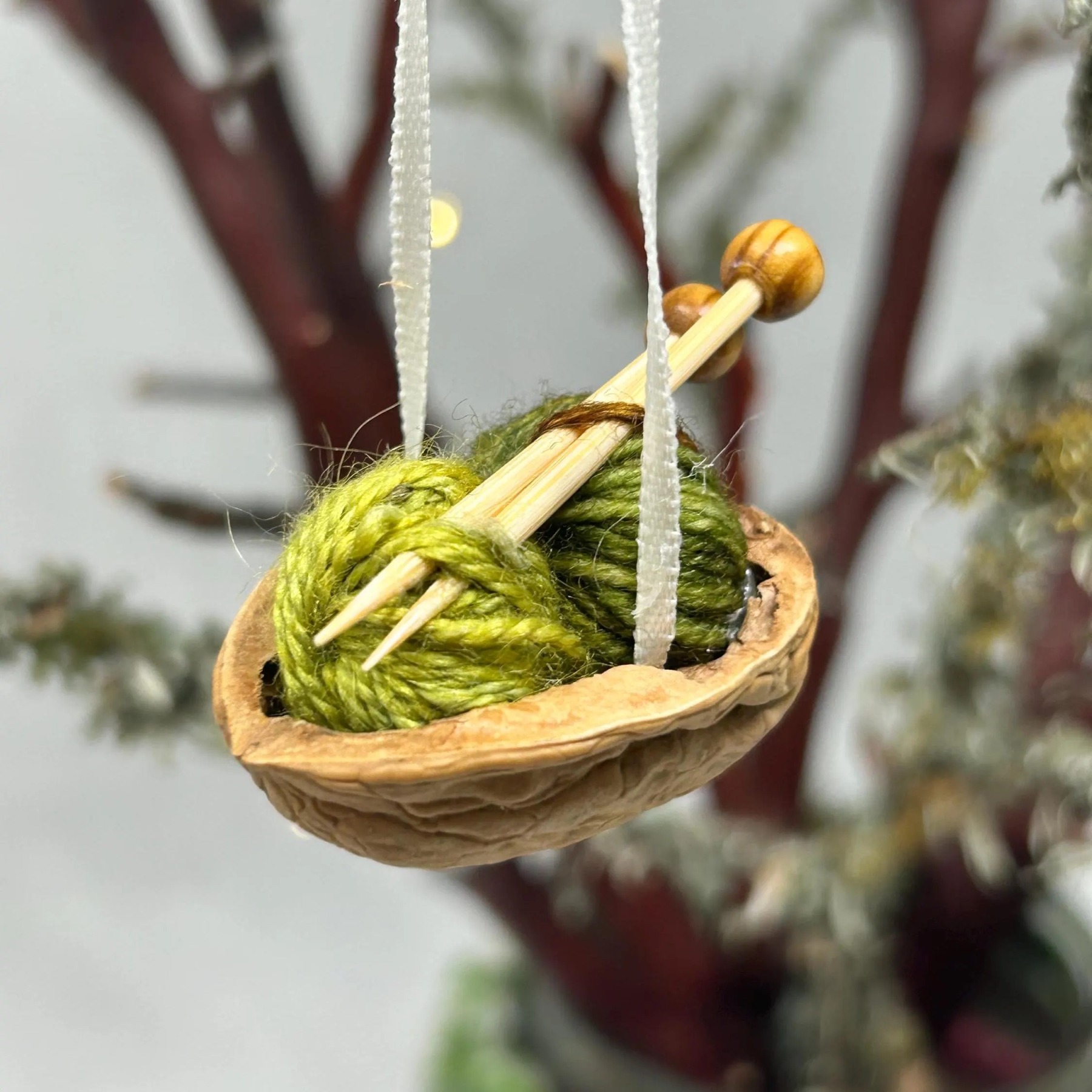 Walnut Shell Knitting Ornament: Miniature Yarn, Needles