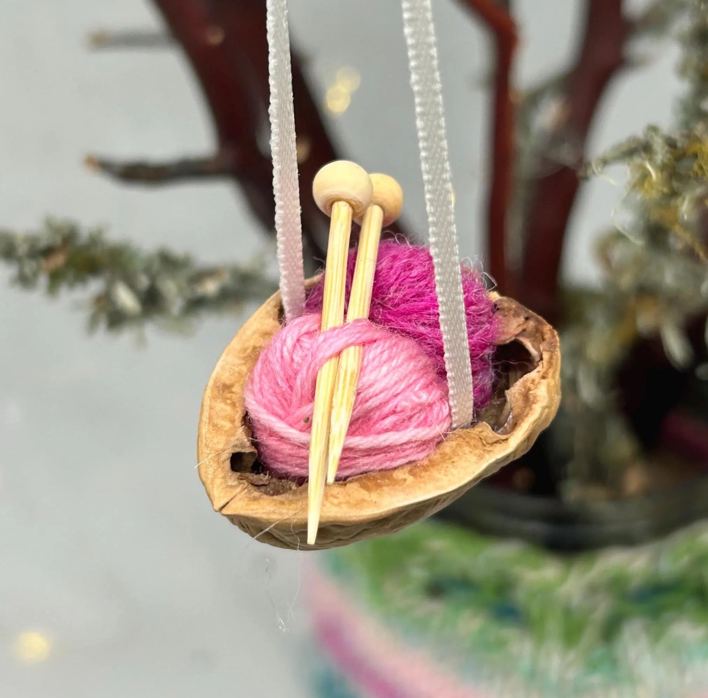 Walnut Shell Knitting Ornament: Miniature Yarn, Needles