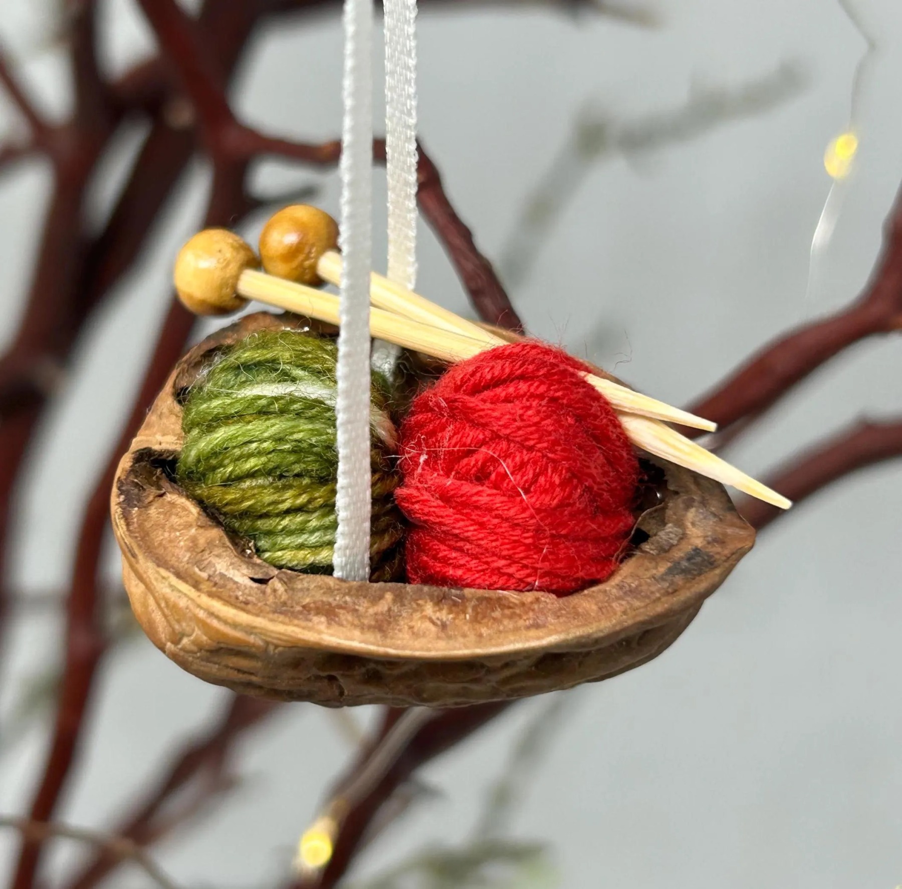 Walnut Shell Knitting Ornament: Miniature Yarn, Needles