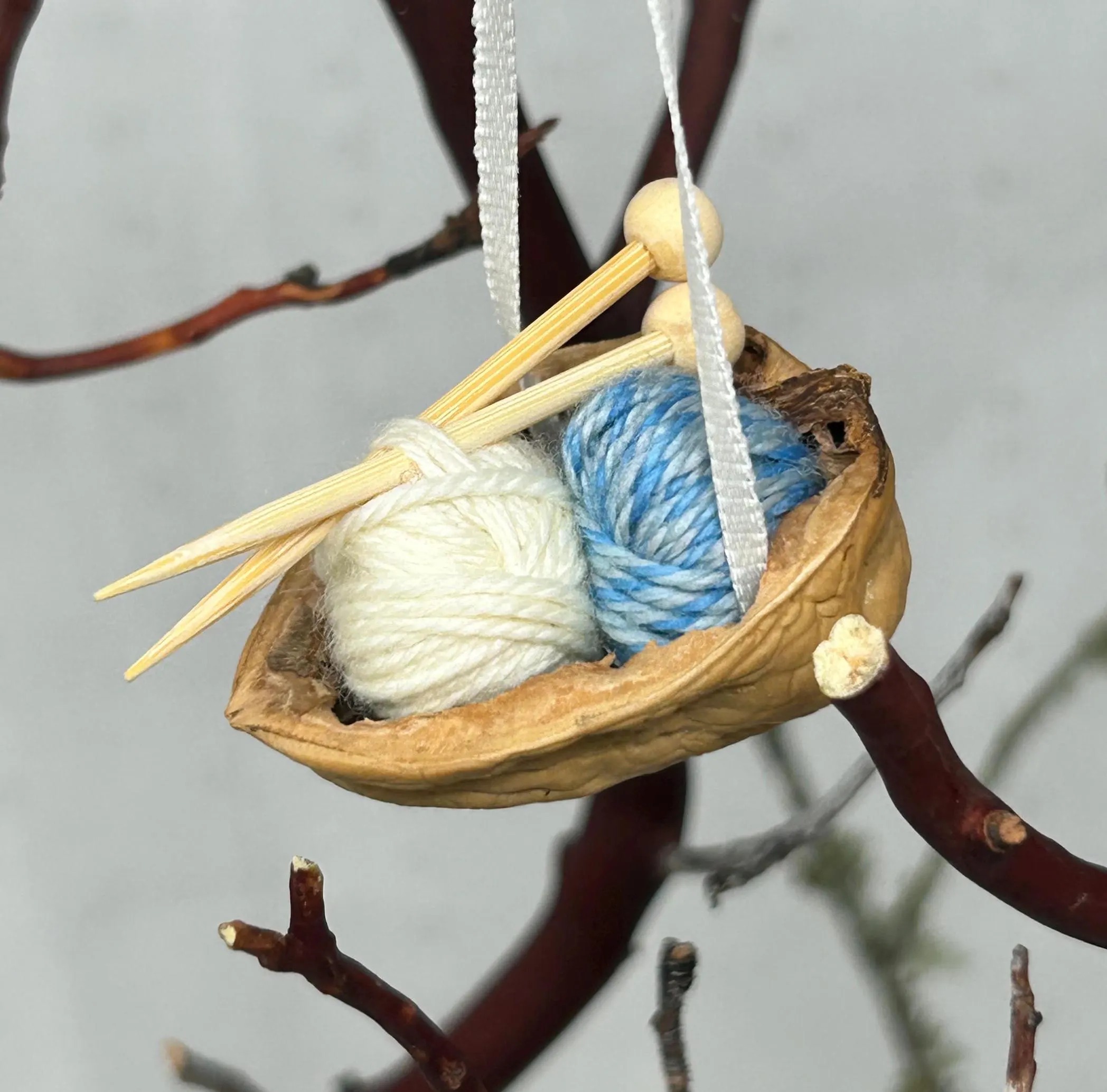 Walnut Shell Knitting Ornament: Miniature Yarn, Needles