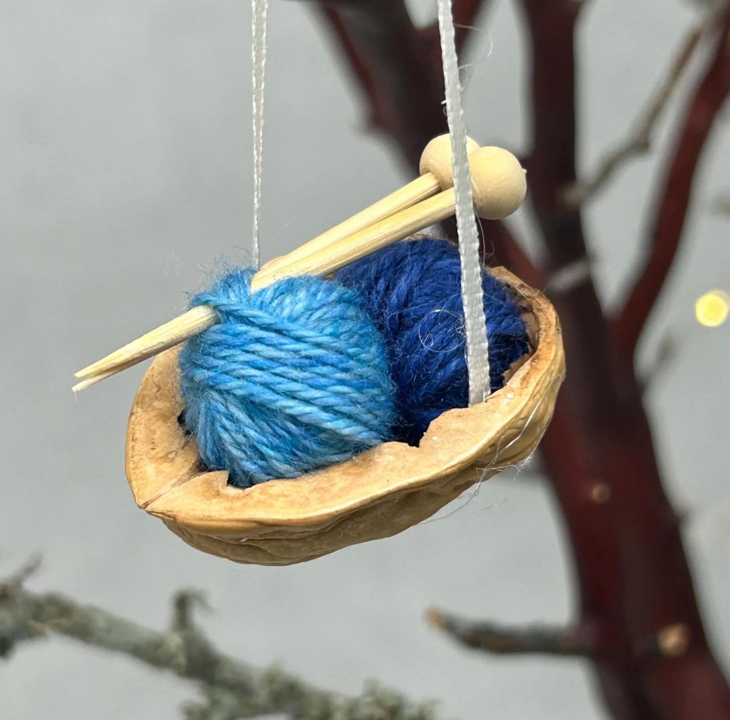 Walnut Shell Knitting Ornament: Miniature Yarn, Needles
