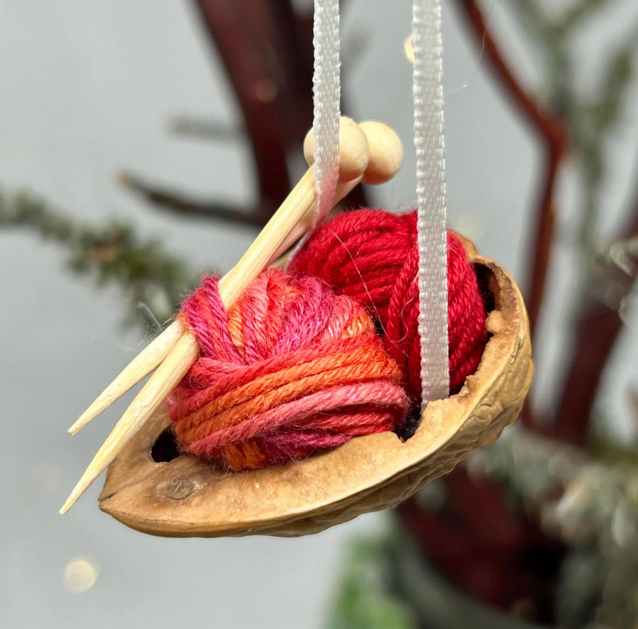 Walnut Shell Knitting Ornament: Miniature Yarn, Needles