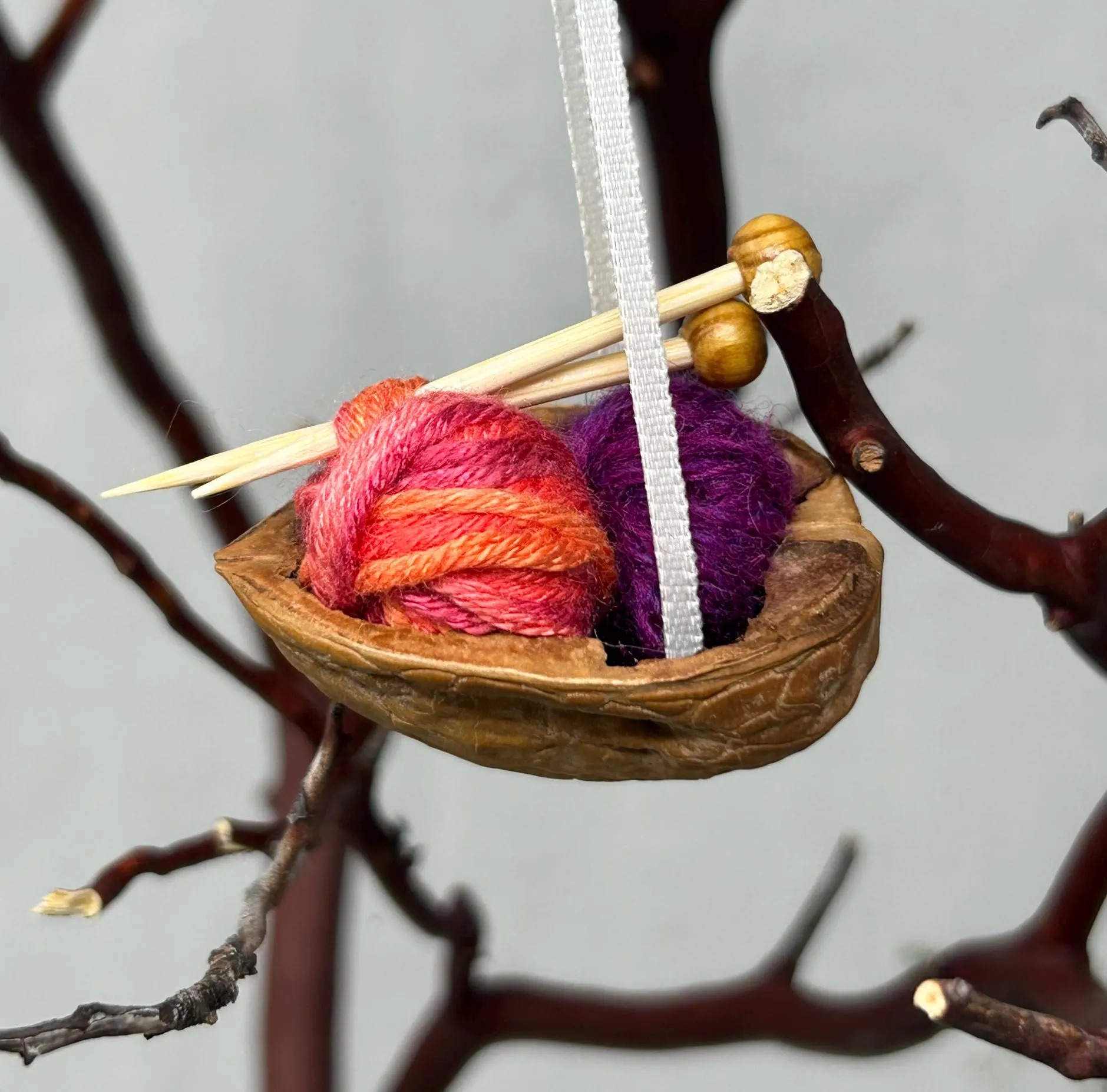 Walnut Shell Knitting Ornament: Miniature Yarn, Needles