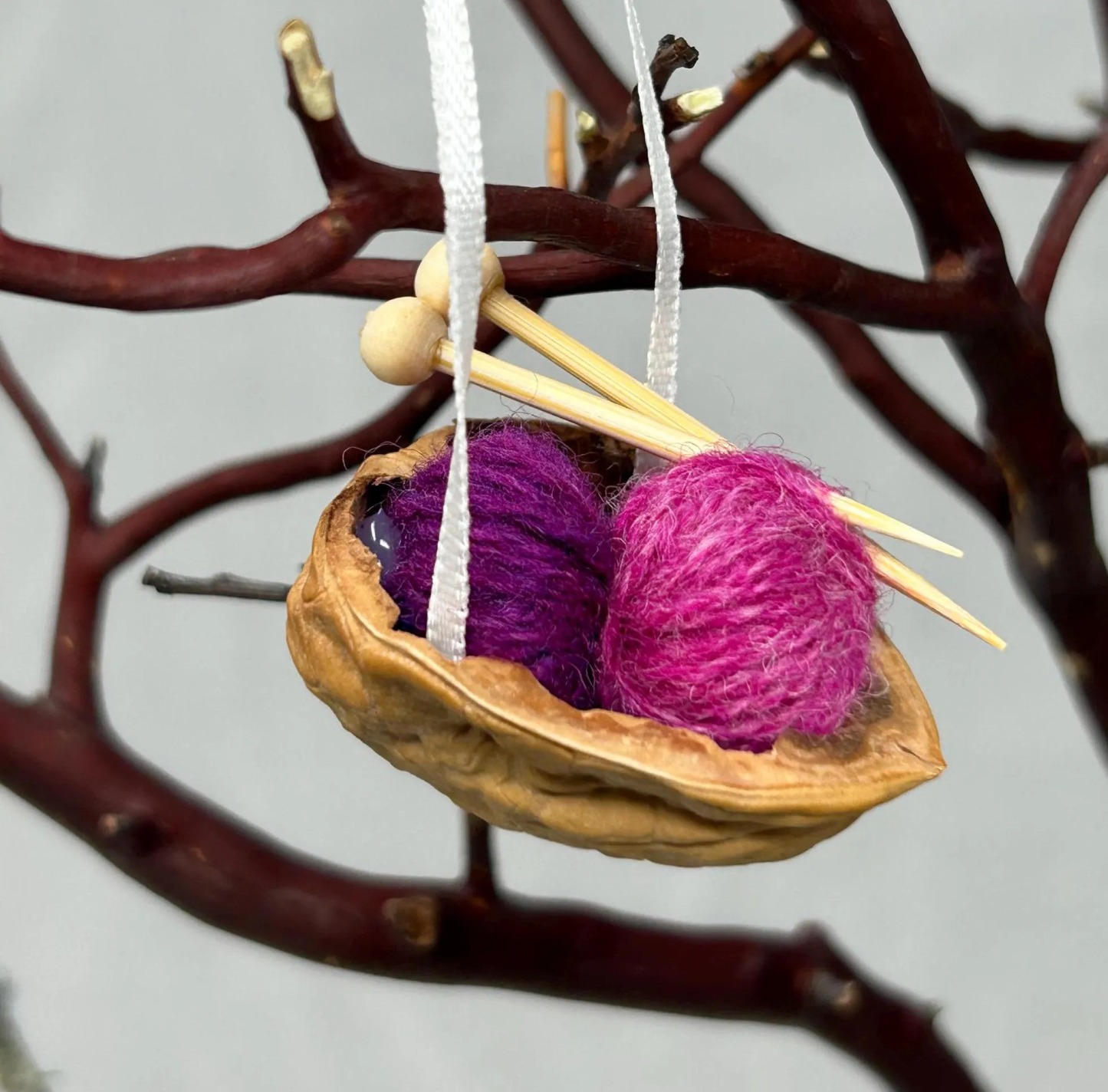 Walnut Shell Knitting Ornament: Miniature Yarn, Needles