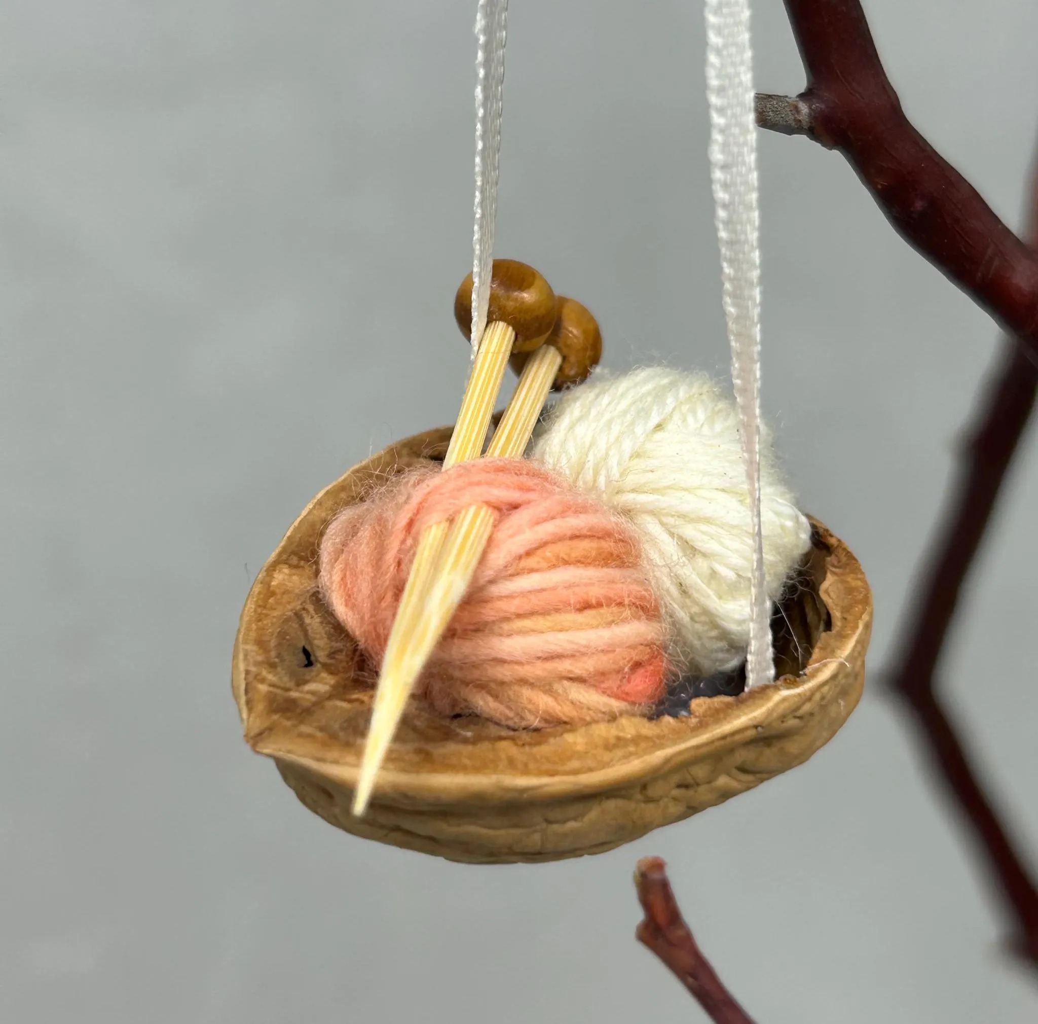 Walnut Shell Knitting Ornament: Miniature Yarn, Needles
