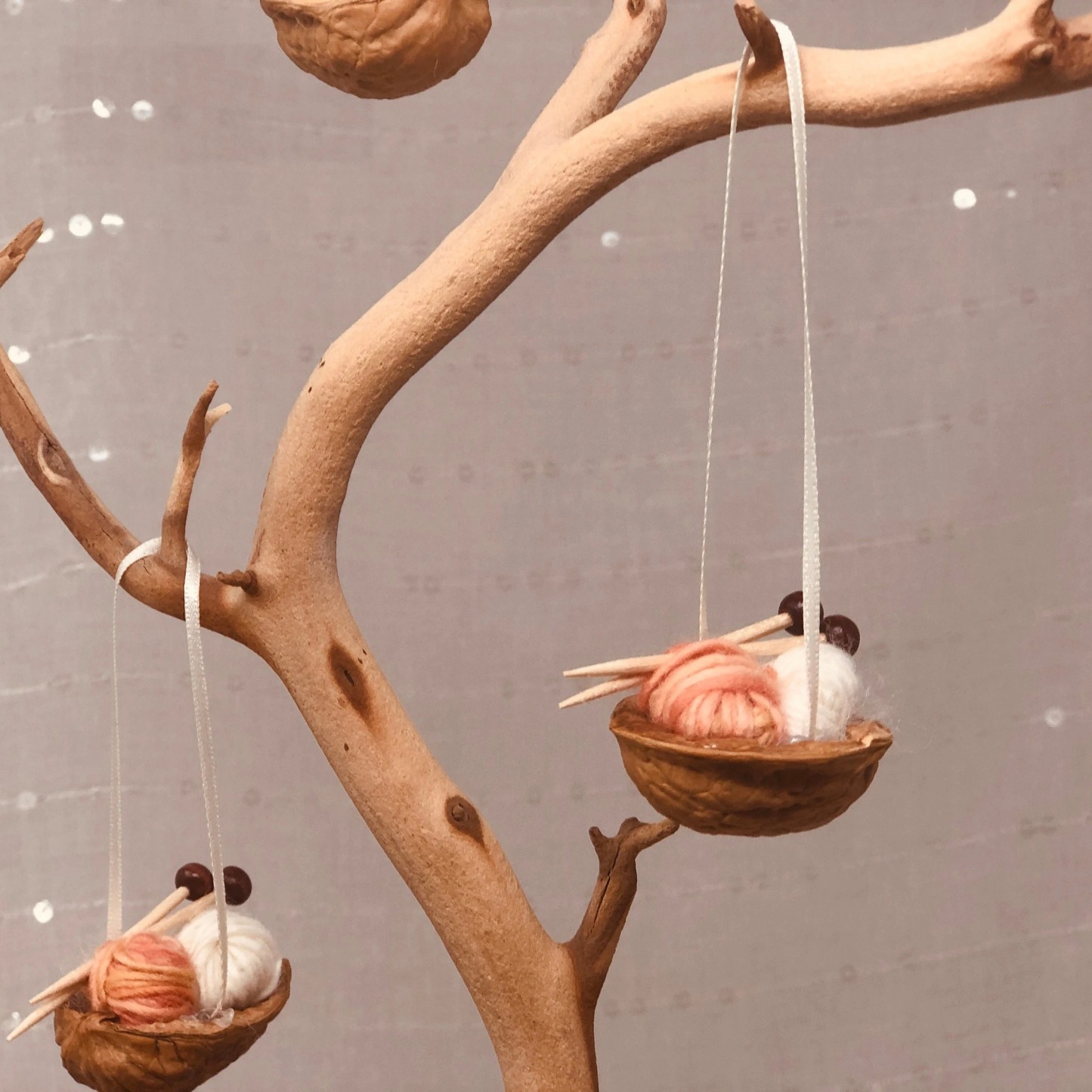 Walnut Shell Knitting Ornament: Miniature Yarn, Needles