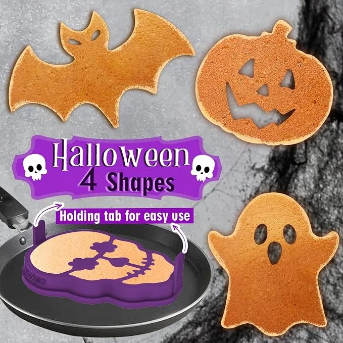 Halloween Silicone Pancake Molds for Skull, Ghost, Bat and Pumpkin Shape Pancakes