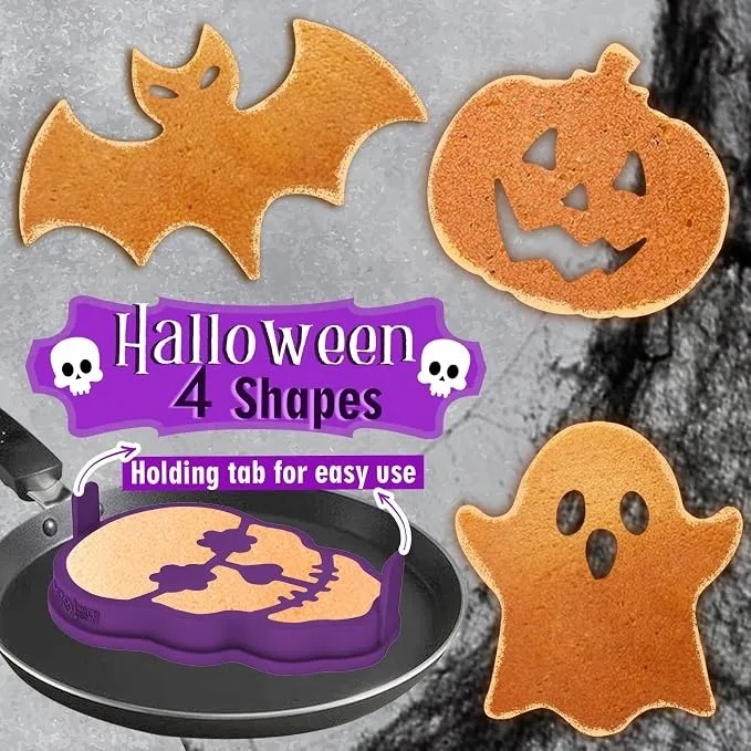 Halloween Silicone Pancake Molds for Skull, Ghost, Bat and Pumpkin Shape Pancakes