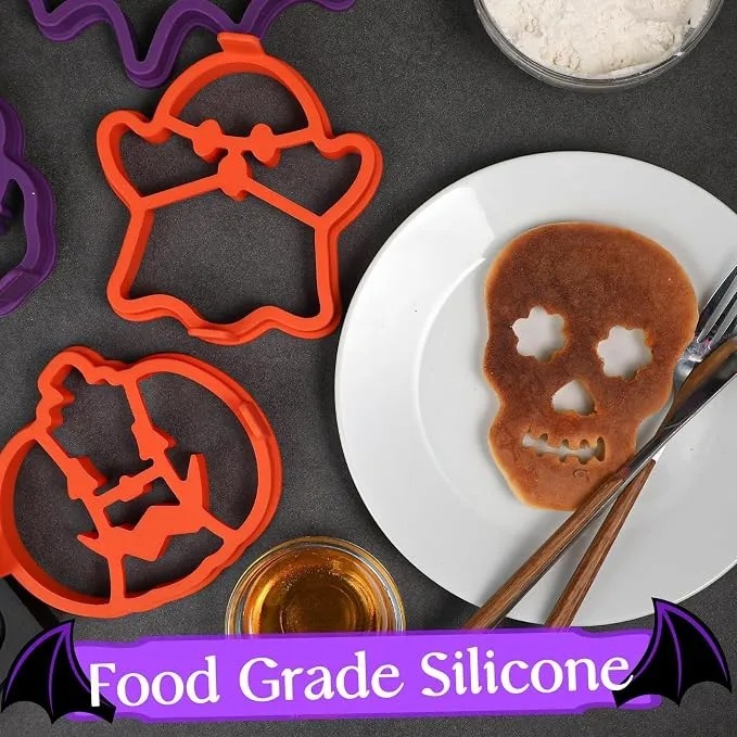 Halloween Silicone Pancake Molds for Skull, Ghost, Bat and Pumpkin Shape Pancakes