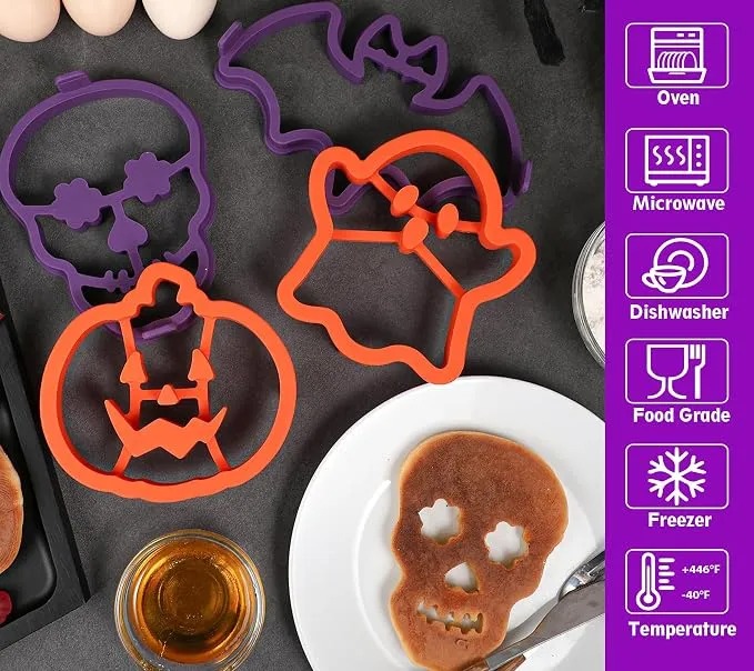 Halloween Silicone Pancake Molds for Skull, Ghost, Bat and Pumpkin Shape Pancakes