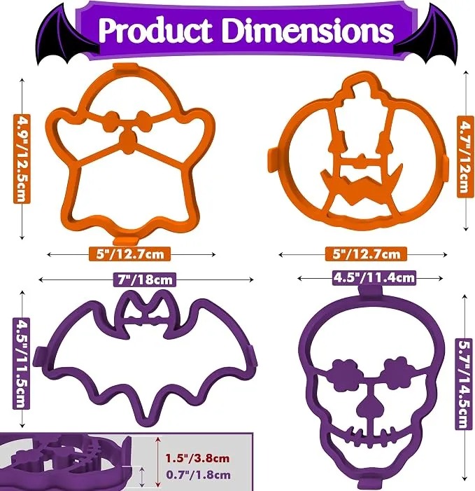 Halloween Silicone Pancake Molds for Skull, Ghost, Bat and Pumpkin Shape Pancakes