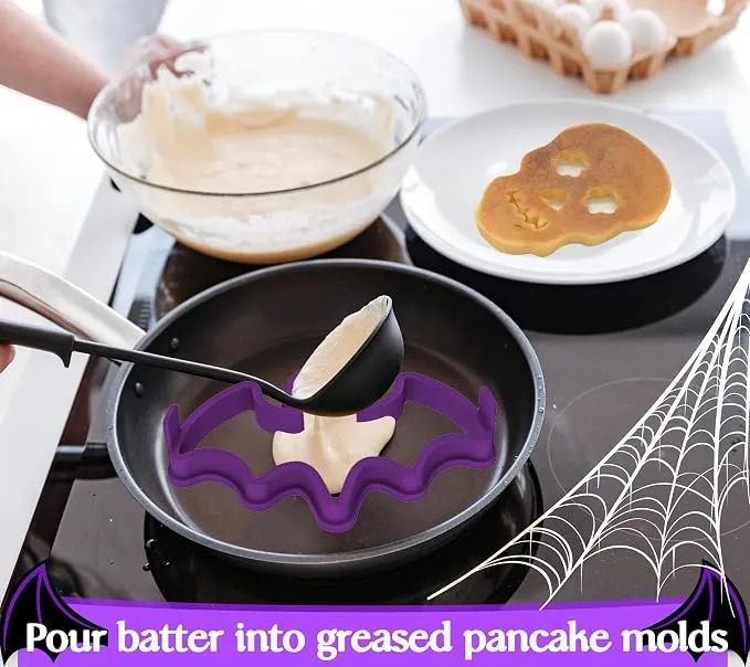 Halloween Silicone Pancake Molds for Skull, Ghost, Bat and Pumpkin Shape Pancakes