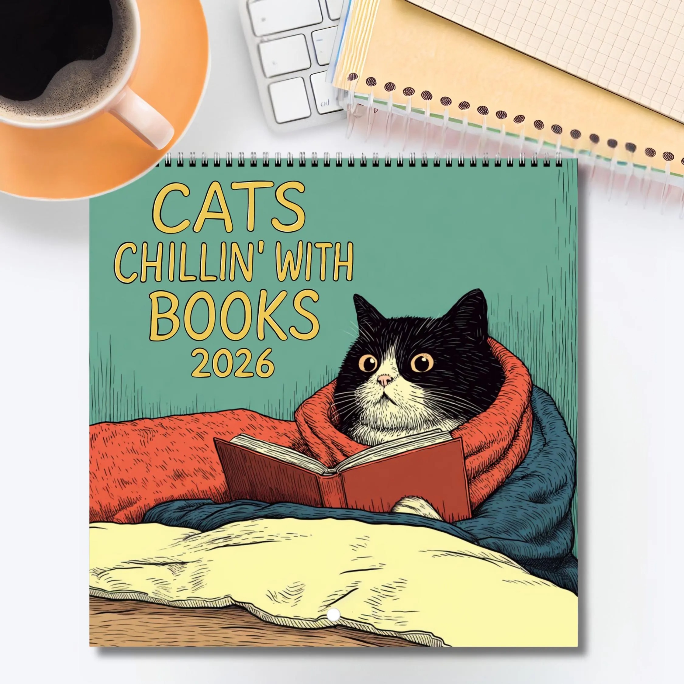 Cats Chillin' with Books 2026 Wall Calendar