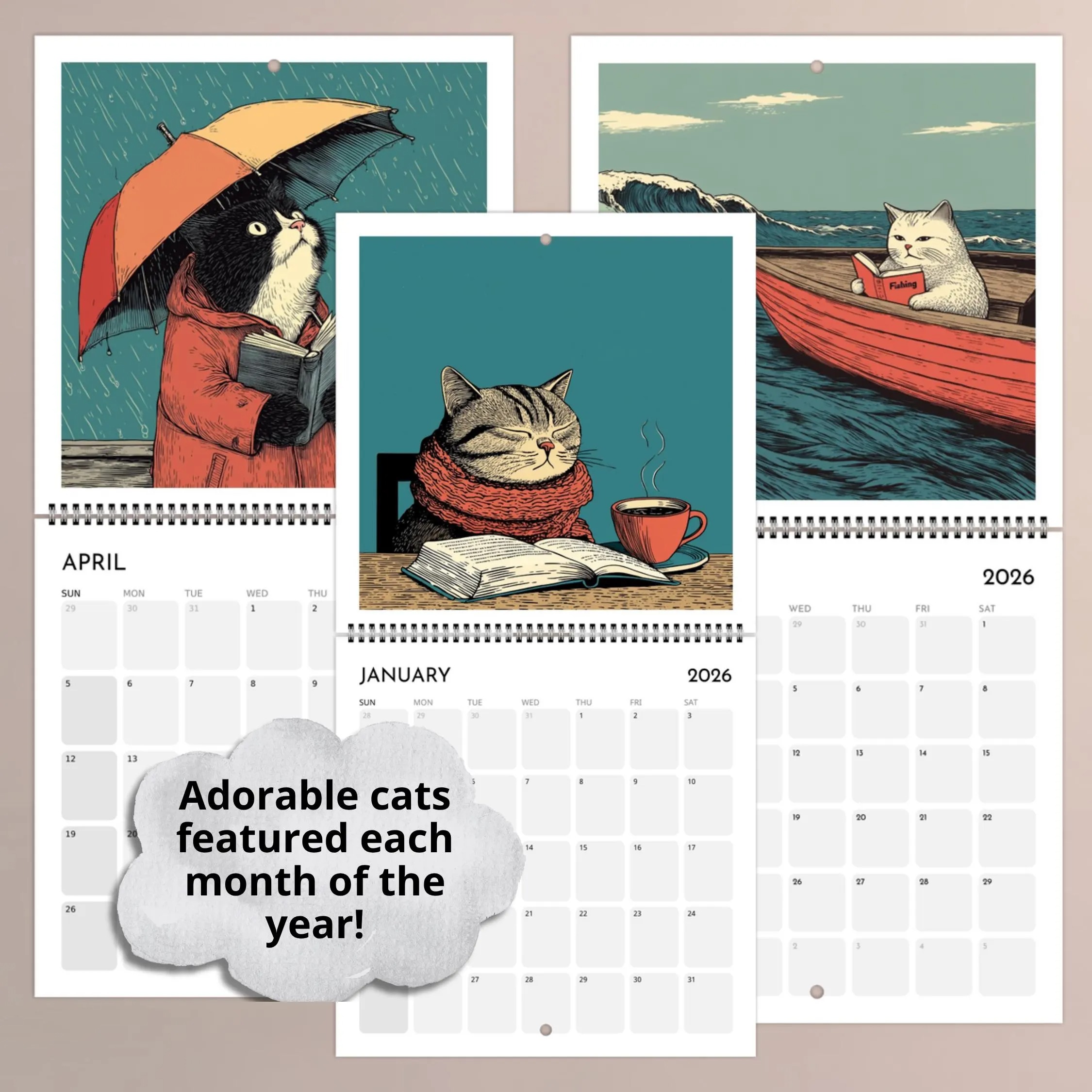 Cats Chillin' with Books 2026 Wall Calendar