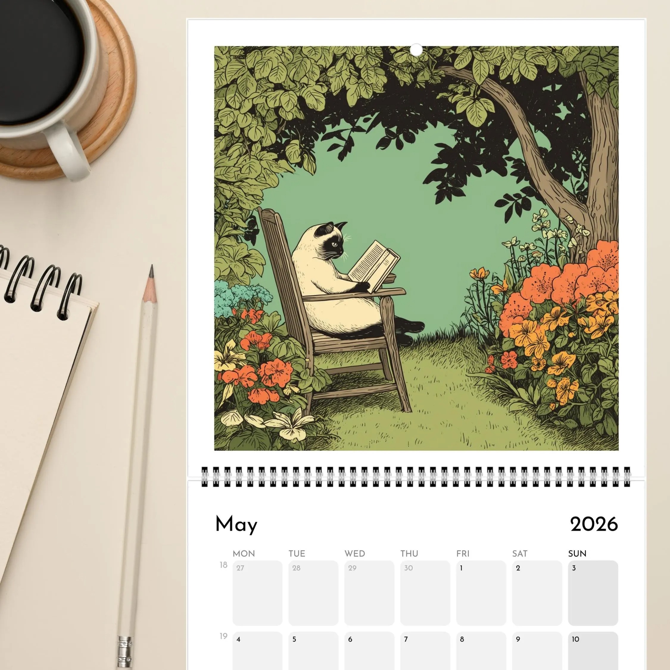 Cats Chillin' with Books 2026 Wall Calendar