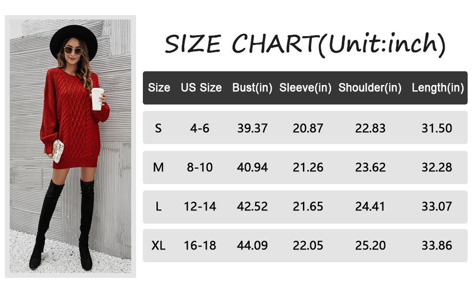 size chart for cable knit sweater dress
