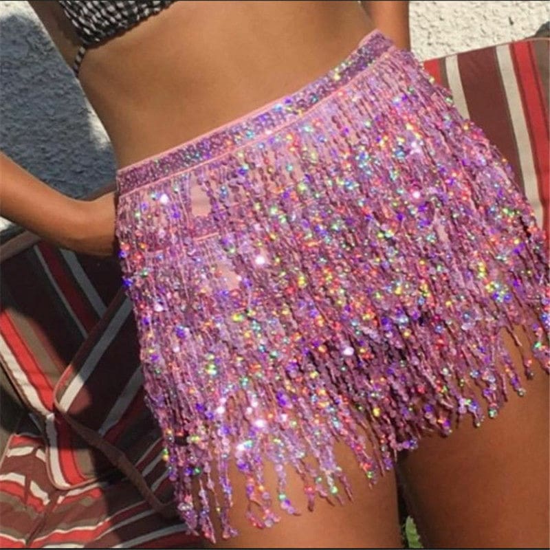Women Belly Dance Hip Tutu Skirt Scarf Wrap Belt Glitter Sequins Tassel Hipscarf Skirts Summer Beach Sundress