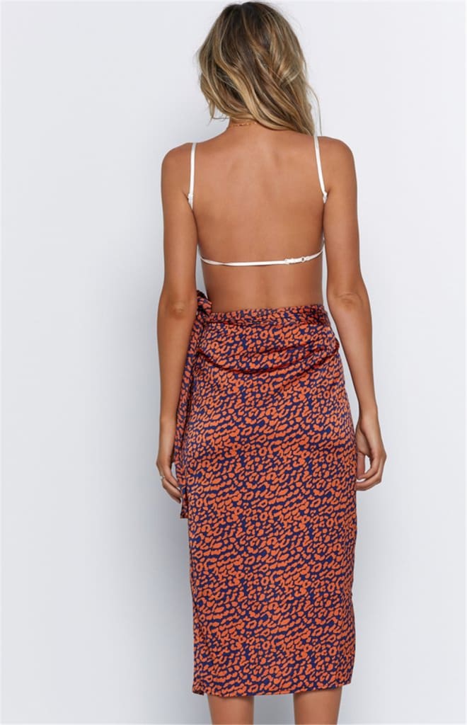 Women High Waist Leopard Print Split Midi Skirt Ladies Summer Holiday Casual Ruffle Asymmetric Wrap Sundress