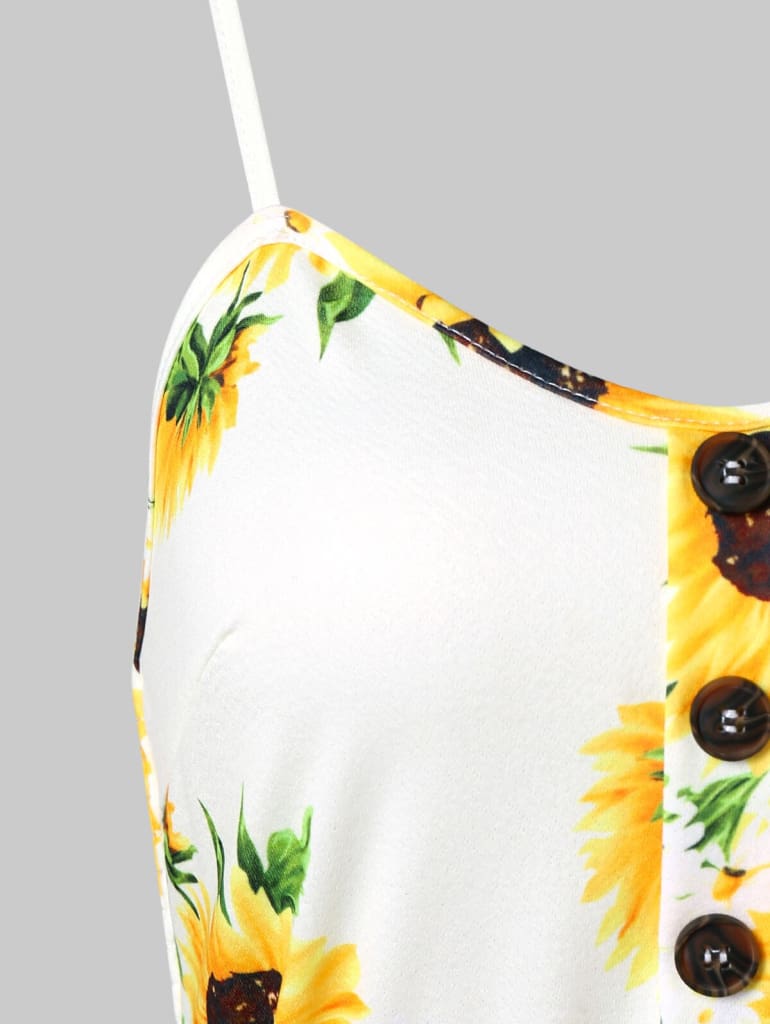 Sunflower Printing Button Up A Line Off Shoulder Sleeveless Dress