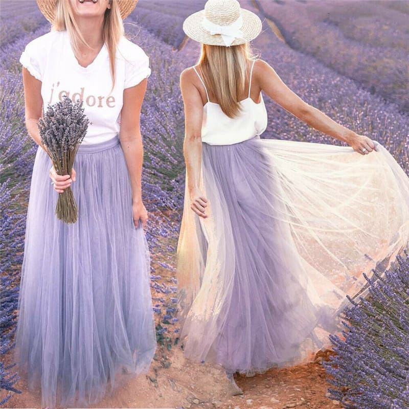 Ladies Elegant Double Mesh Skirts Pleated Long Maxi Dress Skirt Womens Beach Beautiful Lace New Light Purple Wear Hot Sale