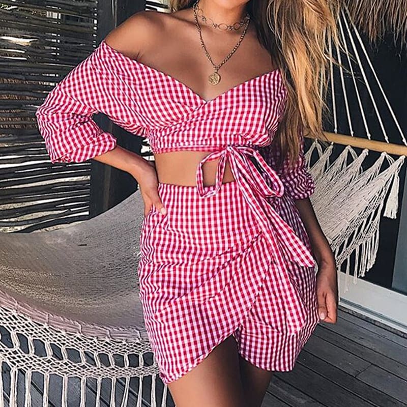 Women 2 Piece Plaid Crop Top Bodycon Skirt Sexy Ladies Casual Summer Beach Party Mini Dress Outfit Holiday