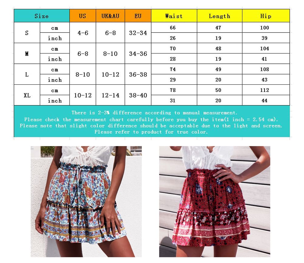 Women Boho Casual Floral Skirt New Fashion Ladies Stretch High Waist Beach Summer Short Mini Skirt Sundress