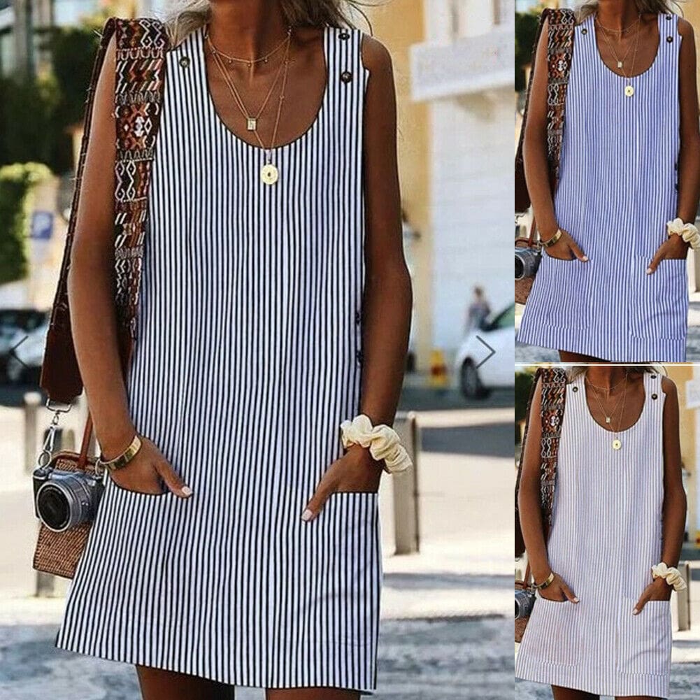 Plus Size Women Boho Stripe Short Mini Dress Party Evening Summer Beach Holiday Pocket Sleeveless Loose Casual Dress Sundress