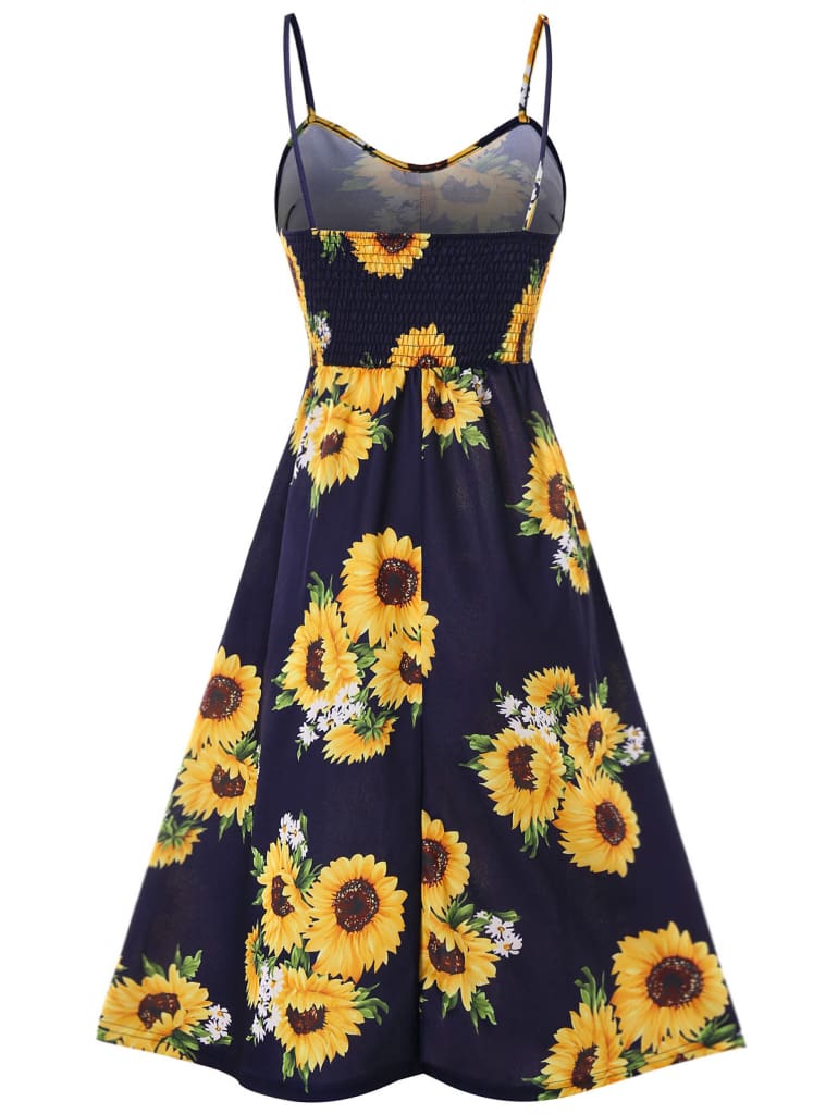 Sunflower Printing Button Up A Line Off Shoulder Sleeveless Dress