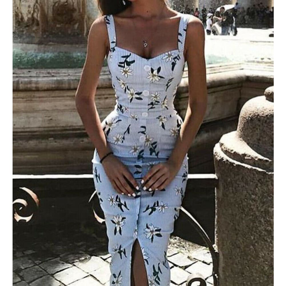 Summer Strappy Floral Bodycon Dress Women Pencil Dresses