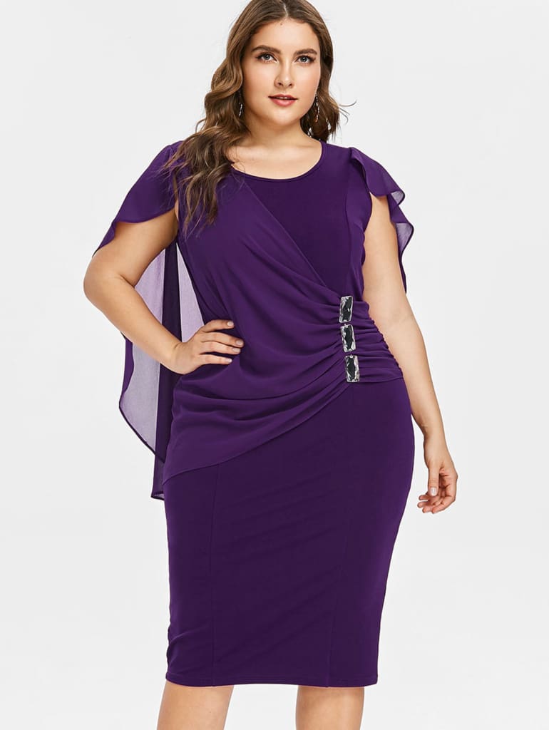Rhinestone Ruched Embellished Capelet Dress O-Neck Sleeveless Plus Size