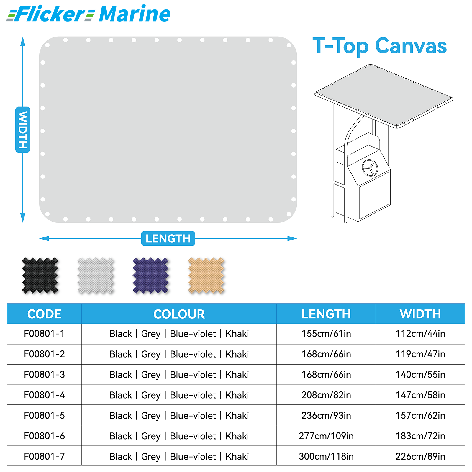 Marine T-Top Canvas, Heavy Duty UV Resistant Boat T-Top Replacement Cover, Durable Polyester Canopy for Center Console Boats