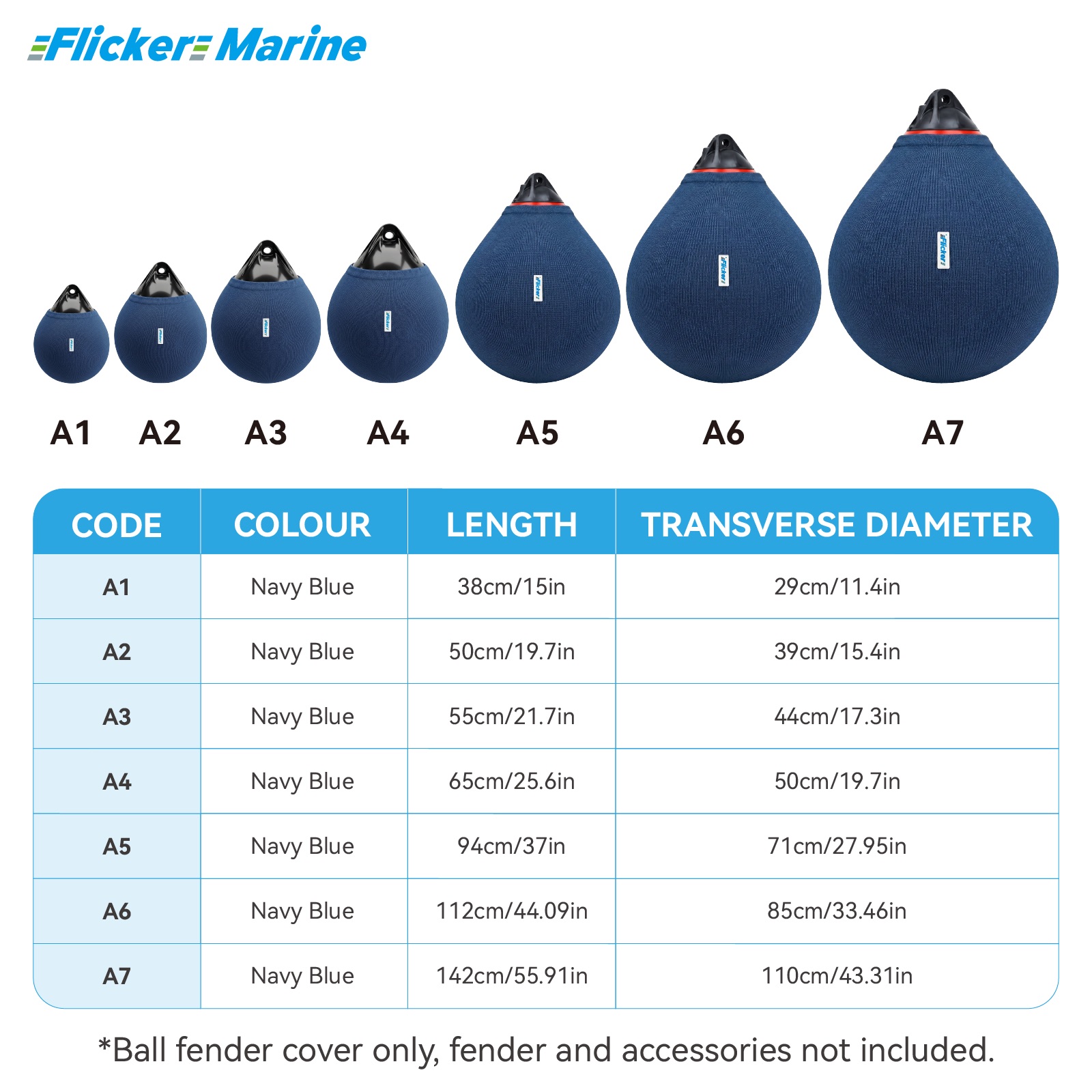 Flicker Navy Blue Boat Buoy Fender Cover Acrylic Marine Protective Cover for Yacht Boat Fenders 7 Sizes