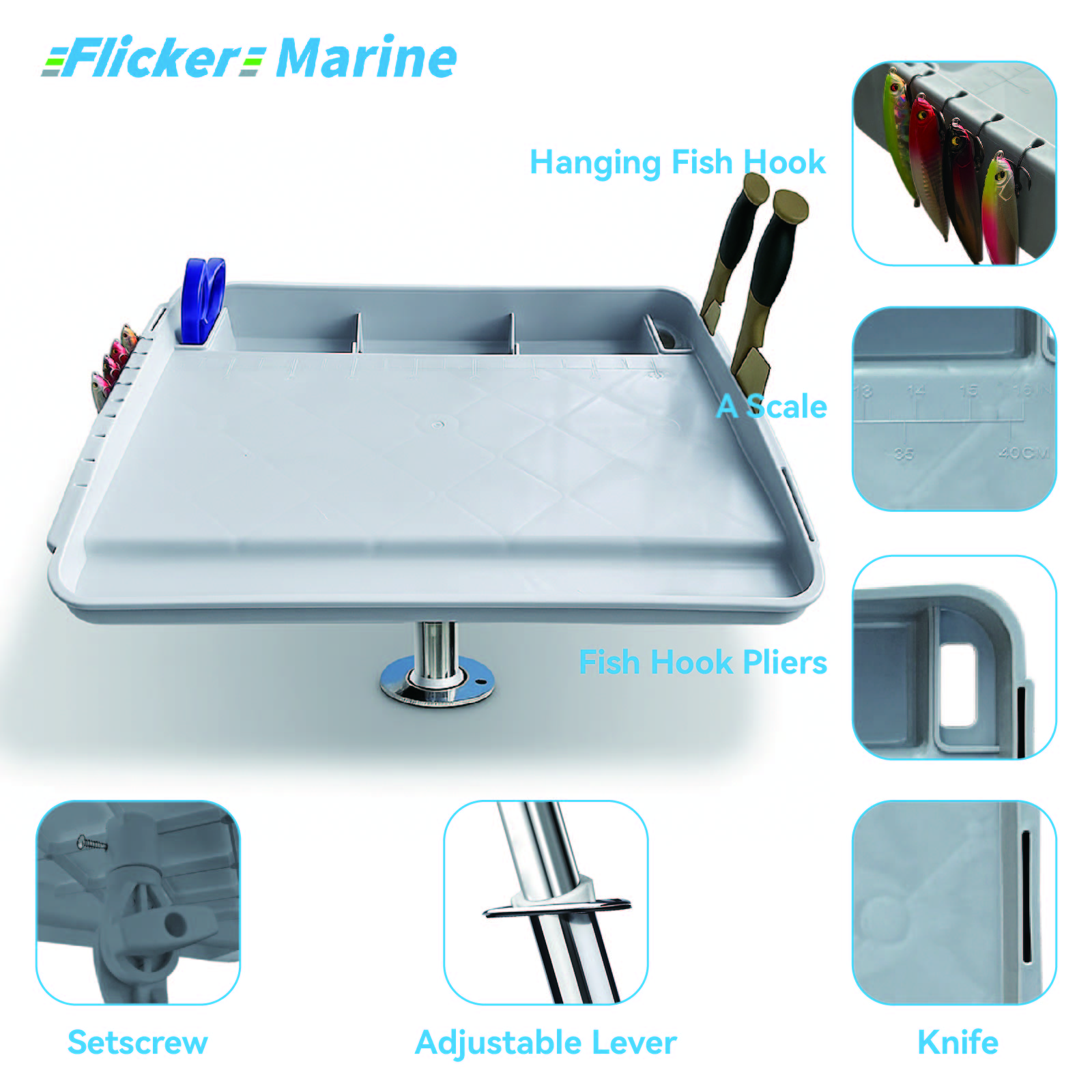 Flicker Marine Fillet Cutting Board & Bait Table – Gray, 3 Mounting Options