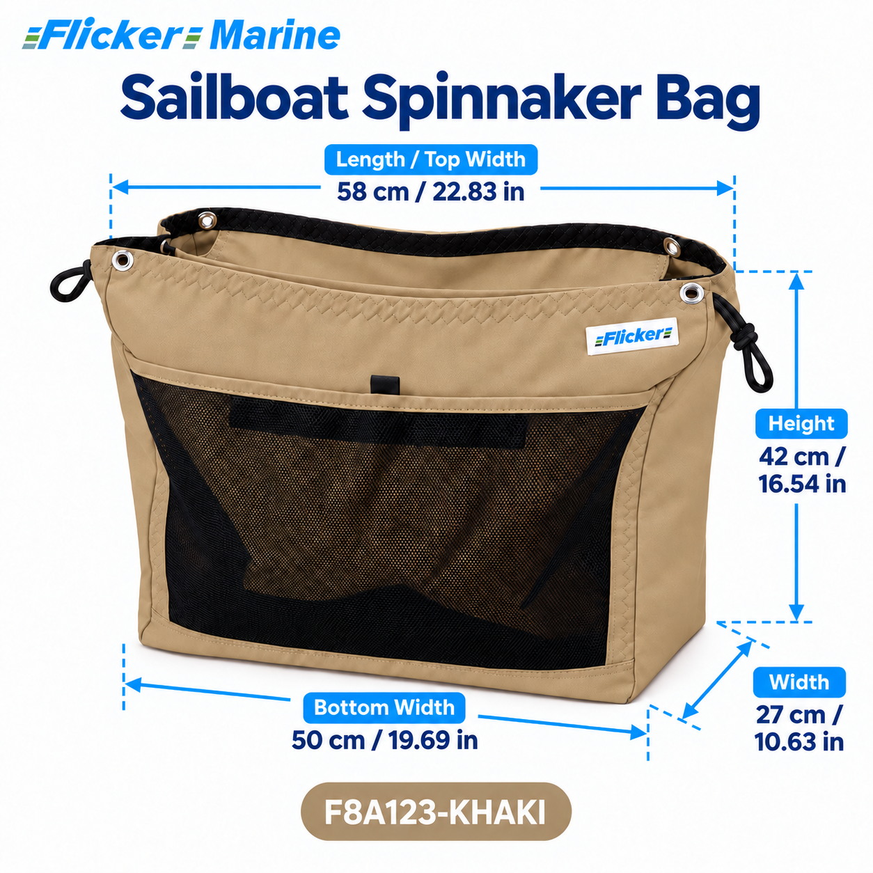 Flicker Marine Large Spinnaker Carry Bag Made of Polyester, Drawstring Opening, Extra Mesh Pocket Compatible With Sailboat, Keep Your Spinnaker Well Stored Onboard